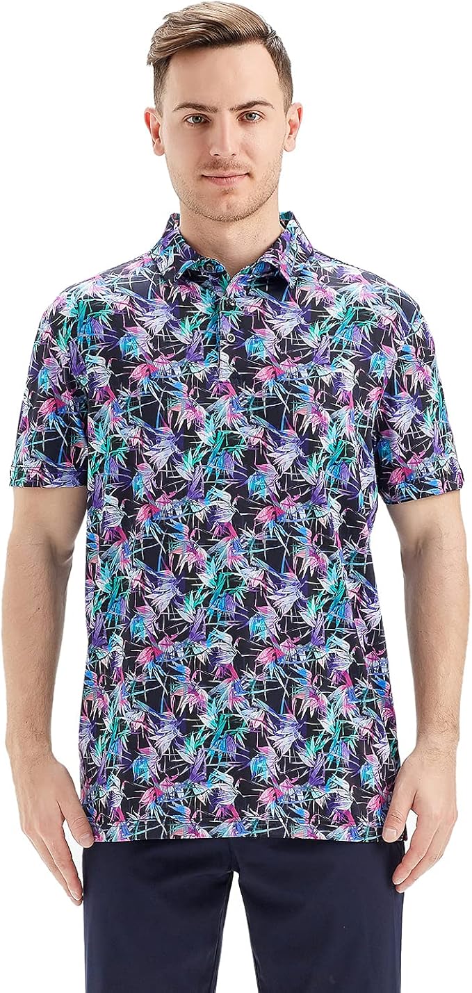 Golf Shirts for Men Dry Fit Short Sleeve Print Performance Moisture Wicking Polo Shirt