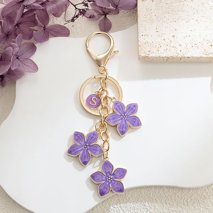 XGALBLA White/Pink/Black Big Cute Flower Initial Letter Keychain for Women, Flower Bag Charms Enameled Keychain Handbag Purse