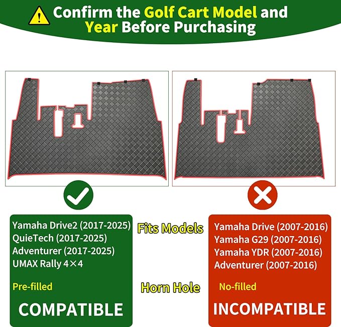 Golf Cart Floor Liner Mat 8mm Thick Rubber Full Coverage Fit for 2017-2025 Yamaha Drive2, QuieTech 2017-Up, Adventurer 2017-Current, UMAX Rally 4x4 Non-Slip Diamond Mat Replacement - Red Trim