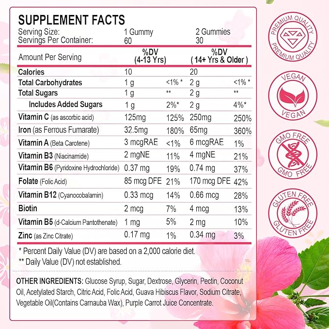 Iron Gummies for Women Men Vitamin Supplement 65mg & Vitamin C 250mg Per Serving with B6 B12 Folate- Energy Support for Iron Deficiency, Anemia, Vegan Guava Hibiscus Flavor, 120 Count
