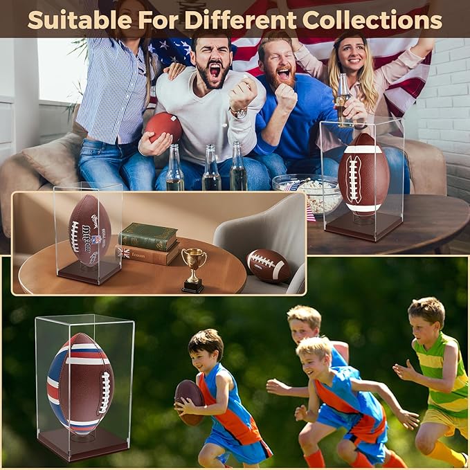 Football Display Case with Wooden Base, UV Protection Clear Acrylic Souvenir Display Box for Autographed Football, Memorabilia, Sports Colle