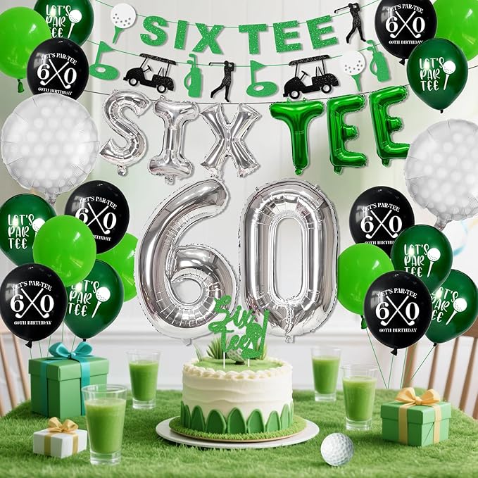 60th Birthday Decorations, Golf Themed 60th Birthday Party Decorations Gifts for Men Him with 60 Number Balloons Sixtee Banner Cake Topper