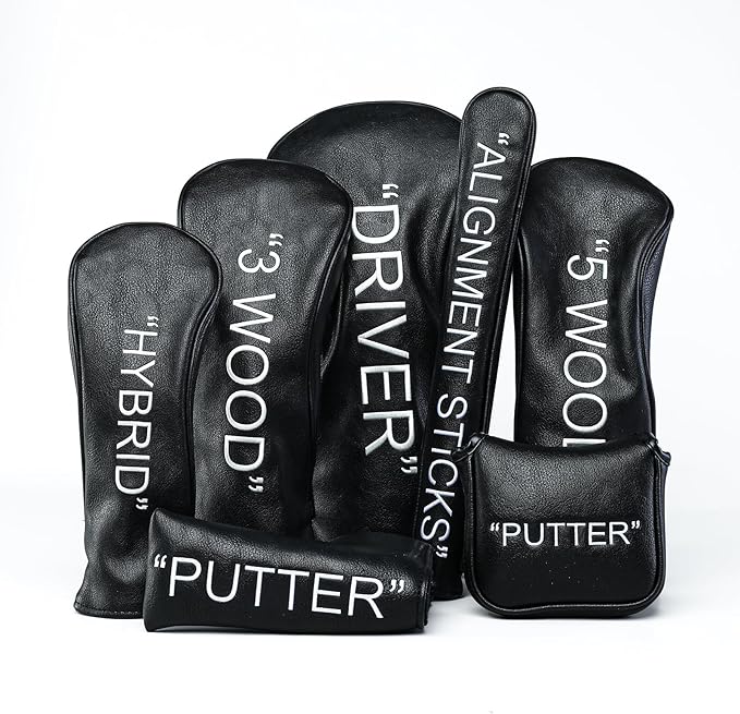 Golf Club Covers – Leather Driver Headcover, Fairway Wood, 3 Wood, Hybrid, Fits Mallet Blade Putter Head Covers Alignment Stick Cover