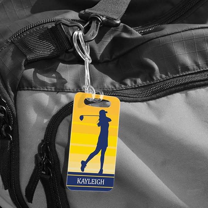 ChalkTalkSPORTS Golf Luggage & Bag Tag | Personalized Female Golfer | Standard Lines on Back | Small | Yellow
