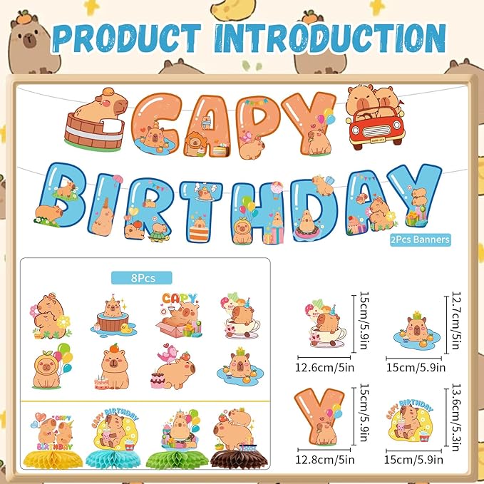 Capybara Birthday Party Decorations - 14PCS Capybara Banners with Hanging Swirls Bday Decoration Cute Capy Animals Honeycomb centerpieces Decor Supplies