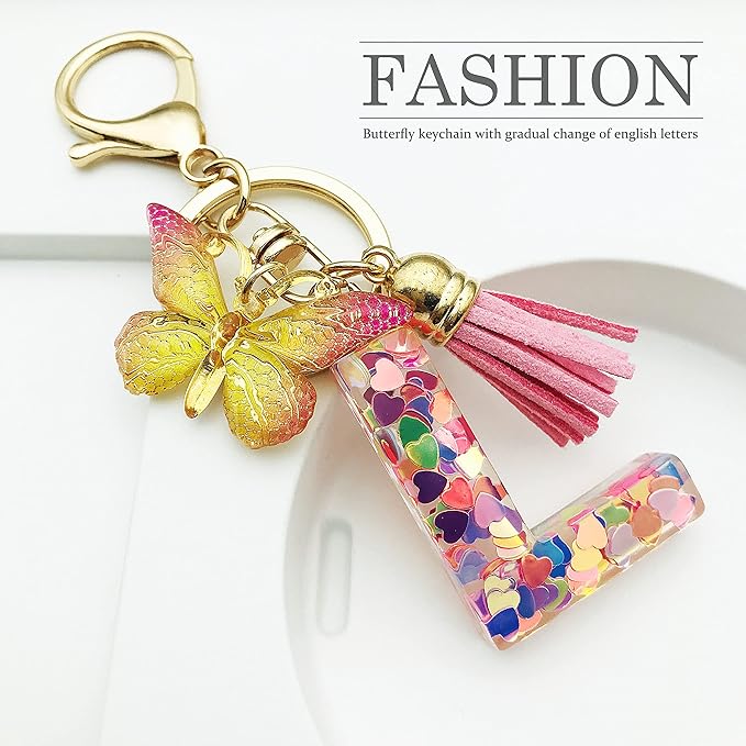JINGUAZI Initial letter Keychains for Women Tassel Butterfly Pink Purple Cute Car Keychain for Wallet Backpack bag charm