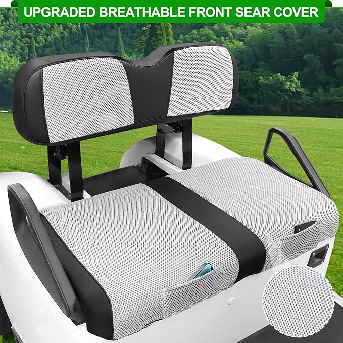 iLSKW Golf Cart Seat Covers for EZGO TXT Seat Cover OEM Front,Breathable Fabric and Leather Front Seat Cover Like Gloves,Full Wrap-Around Design of EZGO TXT (1994-2013) Golf Cart Front Seat Cover