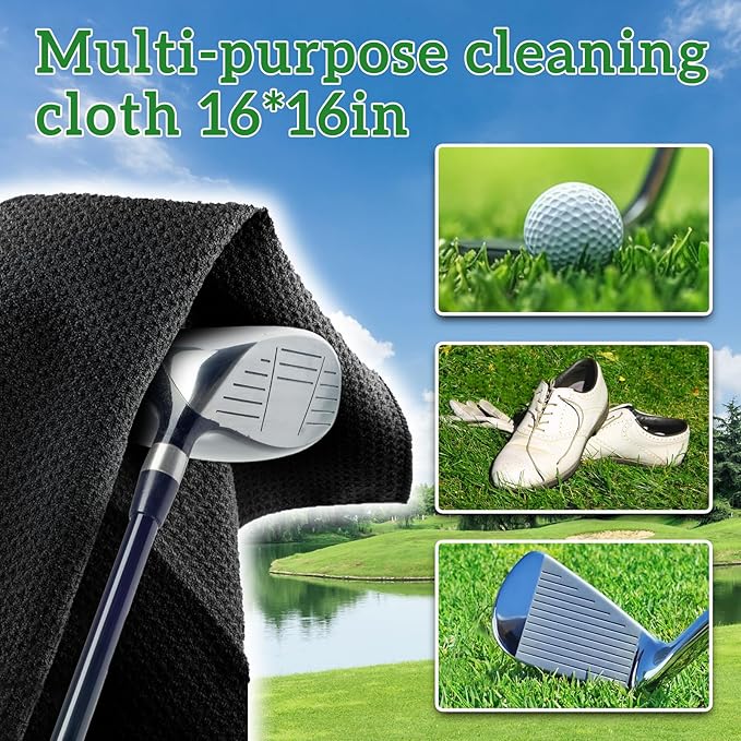 Golf Club Cleaner Brush with 360° All-Angle Spray Design (5.3oz) and Microfiber Waffle Towel (16x16in), Leakproof Club Cleaning Kit with Retractable Clip – Must-Have Golf Accessories for Men & Women