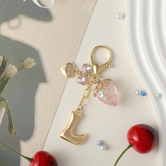 Snycler Bubble Initial Keychain with Strawberry & Bow- Gold Letter Bag Charms for Women, Cute Purse Handbag Accessories
