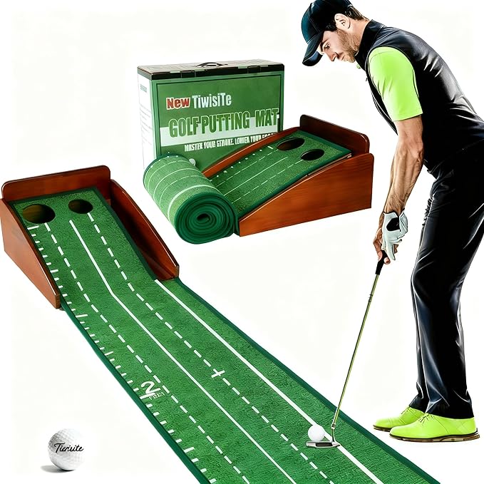 Indoor Golf Putting Green, Putting Mat with Automatic Ball Return - Solid Wood Structure No Humping, Suitable for Home, Office and Outdoor Play - Ideal Golf Gift for Men and Women