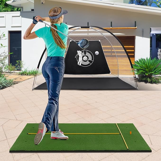 Goplus Golf Mat, 5x3ft/5x4ft Golf Hitting Mat 20/25/27/32mm Thick w/2 Alignment Sticks & 2 Golf Tees, Portable Artificial Turf Grass Training Mat Practice for Indoor Outdoor