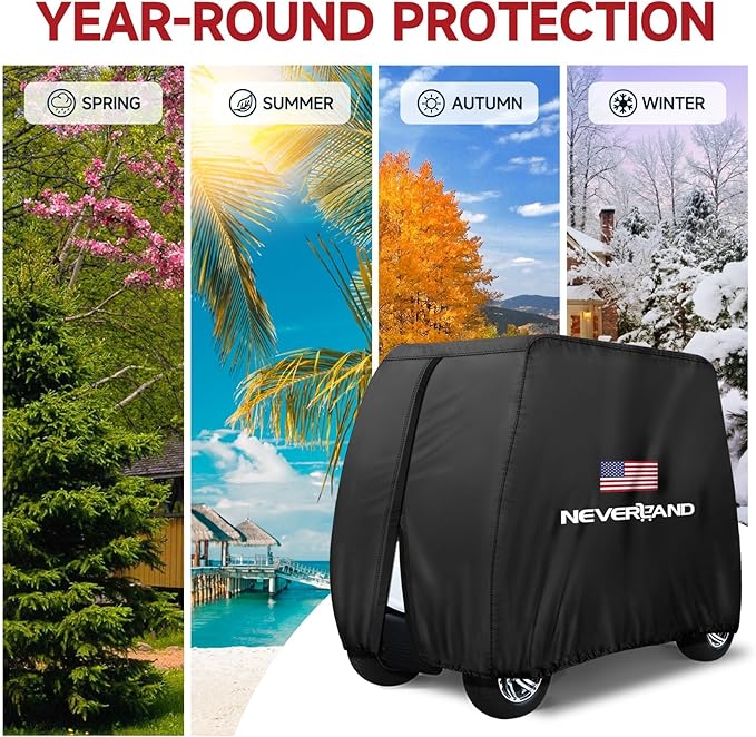 NEVERLAND Golf Cart Cover - Waterproof Golf Cart Covers - Fits for Yamaha Golf Carts EZ GO Club Car - Outdoor Windproof Sunproof (Black + Flag, Fit for 2+2/4 Passenger Cart)