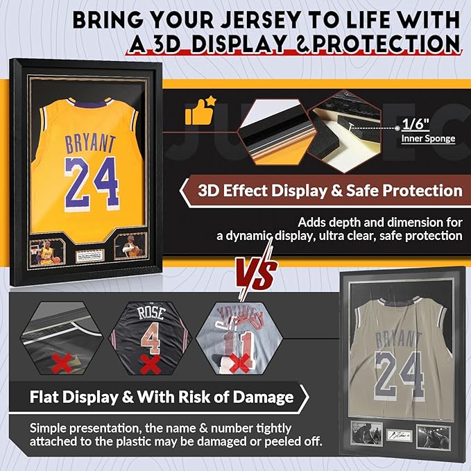 JupDec Jersey Frame Display Case, Large Clear Acrylic Shadow Box with UV Protection for Baseball Basketball Football Soccer Hockey shirts, Wall Mount Wooden Showcase, Idea Gift for Sports fans, 1 pack