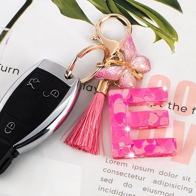 Suweibuke Colourful Cute Initial Letter Keychains for Women Girls with Tassel Butterfly, Charm for Purse Handbags Backpacks