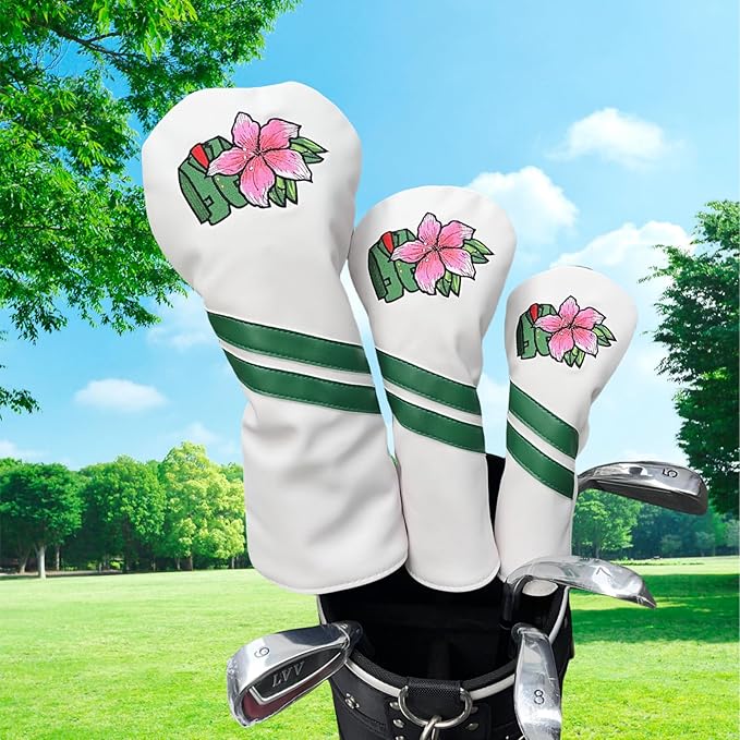 Premium PU Leather Driver Cover, Fairway Wood & Hybrid Covers for Men - Hibiscus Flower Embroidered Golf Head Covers for Woods and Driver -1pc or Set White Golf Club Covers