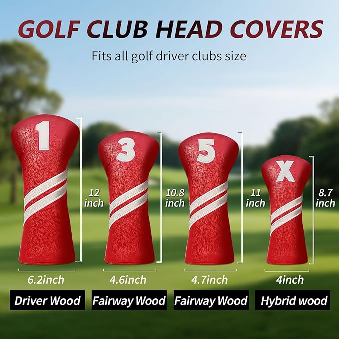 Golf Club Head Covers for Fairway Woods Driver Hybrids, 4pcs Premium PU Leather Women Golf Headcovers Set with No.Tags1 3 5 X.(Red)