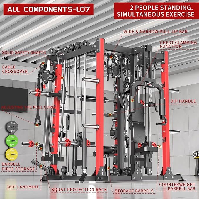 Smith Machine，Multi-Function Squat Rack Power Cage with Cable Crossover System,with Optional Weight Bench, Olympic Barbell Weight Set, for Home Gym