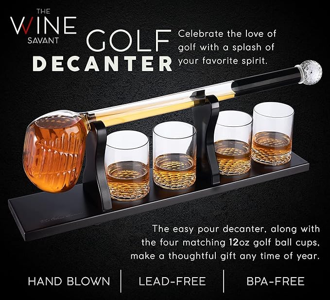 Golf Club Whiskey Decanter and 4 Liquor Glasses - Decanter & Glass Set - Golf Stick Gifts for Men - Unique Whiskey Decanter Set - Bourbon & Scotch Decanter for Serving Alcohol - Golfer Gifts for Dad
