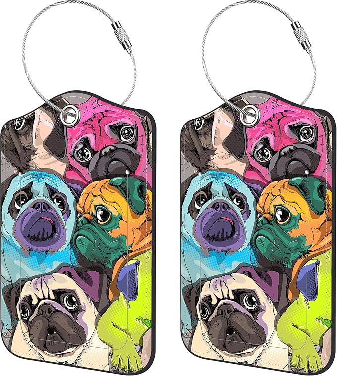 2 Pack Luggage Tags for Suitcase,Pug Dog PU Leather Luggage Tags with Privacy Cover Name Address Labels and Steel Ring,Creative Travel Accessories for Men and Women