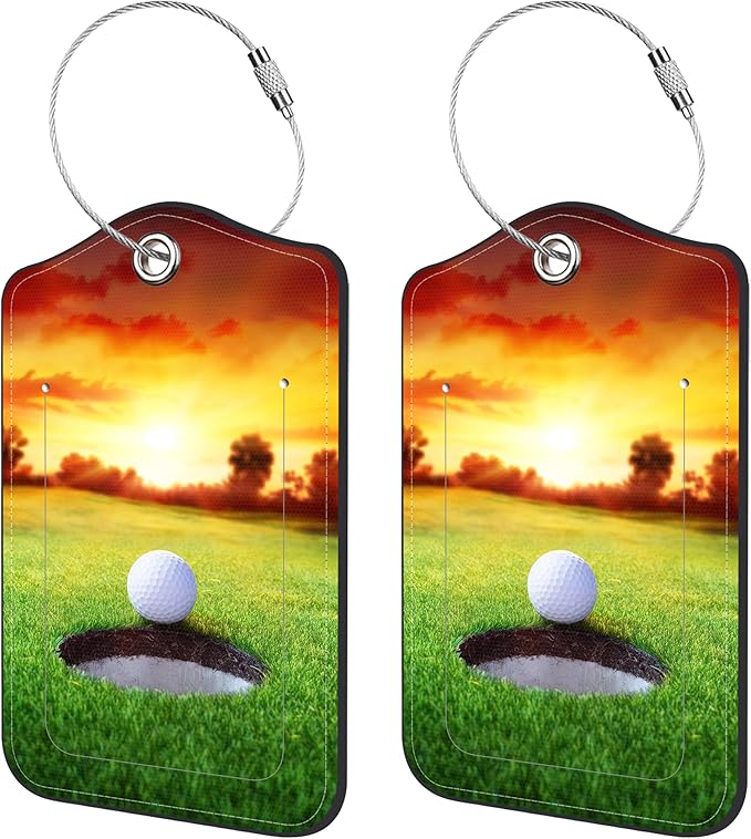 2 Pack Luggage Tags for Suitcase,Golf Ball PU Leather Luggage Tags with Privacy Cover Name Address Labels and Steel Ring,Creative Travel Accessories for Men and Women