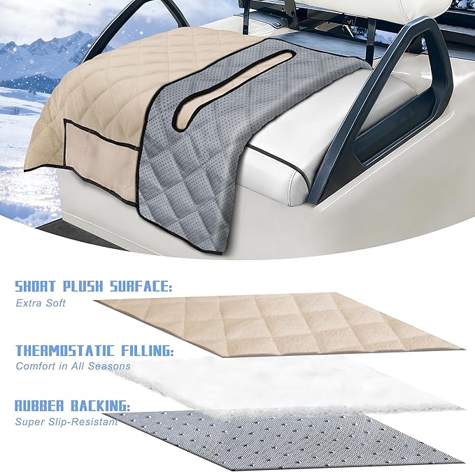 YOKYHOM Golf Cart Seat Covers with 4 Front Pockets, Thick and Non-Slip Golf Cart Seat Towel Blanket, Fits for EZGO, Yamaha, Club Car and More 2 Seats Golf Carts, Khaki