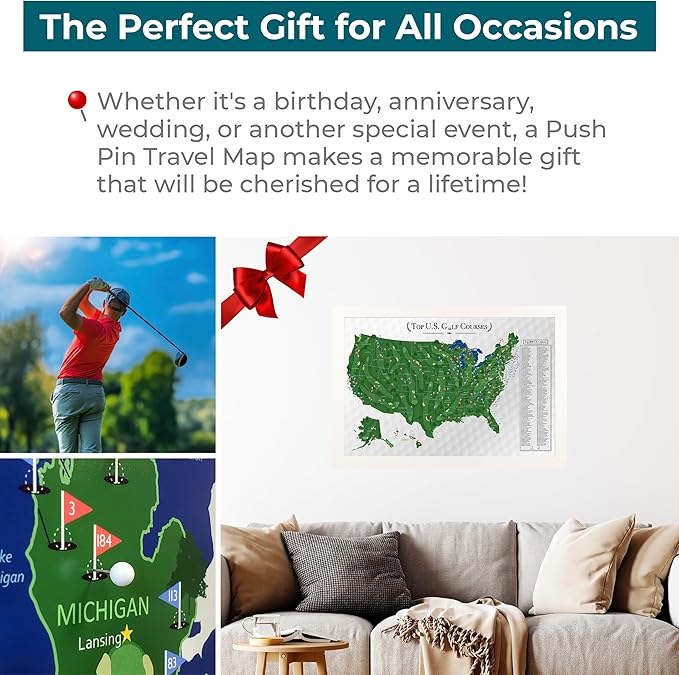 Push Pin Travel Maps Customizable Wall Art - Top Golf Courses USA Map - Textured White - Framed Pin Map, Includes 150 Pins - Handcrafted in USA - 27.5" x 39.5"