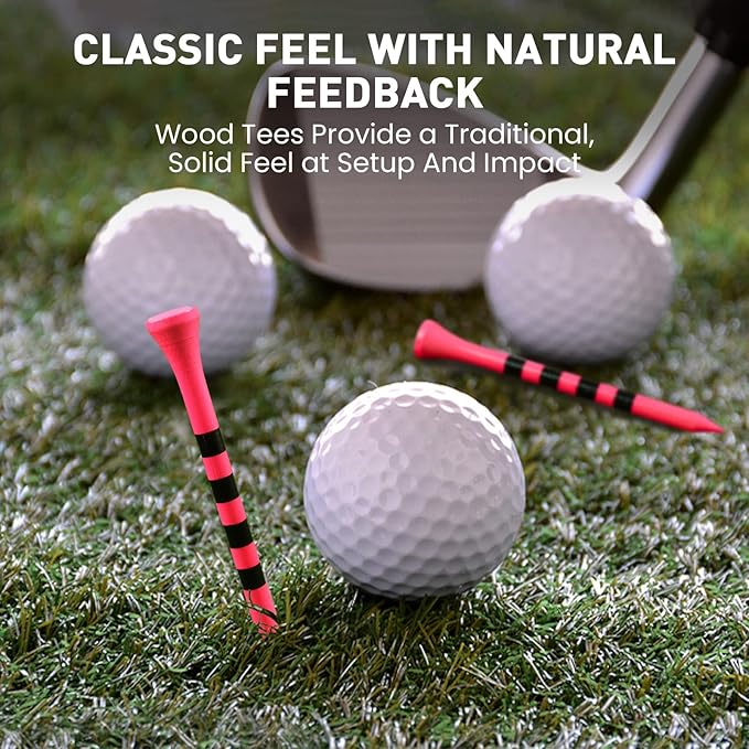 FINGER TEN Golf Tees Wood 3 1/4 2 3/4 Inch Value 50/120 Count, Durable Tees with Bright Colored Stripes for Consistent Height, 70mm 83mm Long Tees Ideal for Golfers
