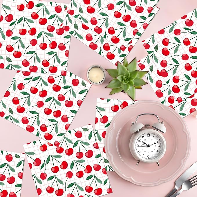 Cherry Party Napkins Decorations, 50PCS Cherry Themed Birthday Napkins Supplies, Disposable Coquete Decor for Wedding Baby Shower Party Table Size 6.5 Inch