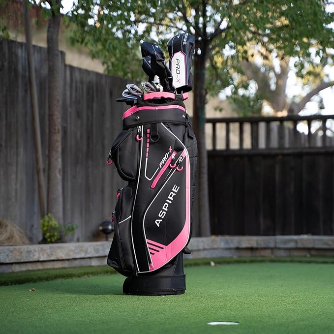 Aspire PRO-X 16-Piece Womens Golf Club Set, Includes Titanium F Driver, #3 Fairway Wood, 4-5 Hybrids, 7-SW Irons, Putter, Cart Bag, 4 H/C's, Golf Clubs Women Right Handed, Regular & Petite Sizes
