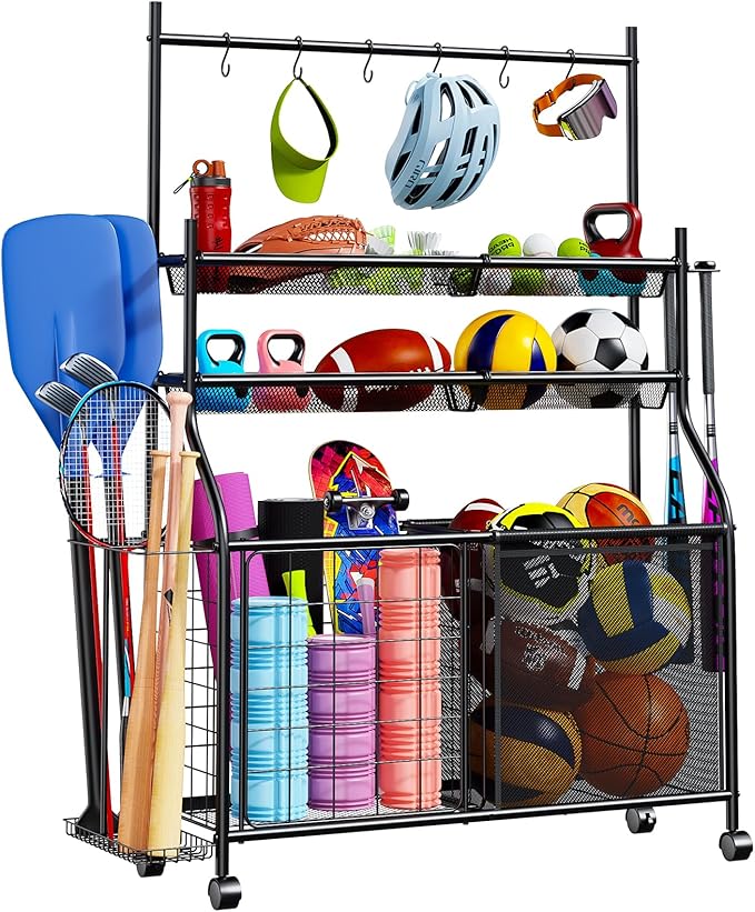 Large Sports Organizer for Garage, Ball Storage Rack Garage Sports Equipment Organizer with Side Racks, Baskets, Hooks, Multi-Purpose Golf Gear Storage for Gym Indoor Outdoor