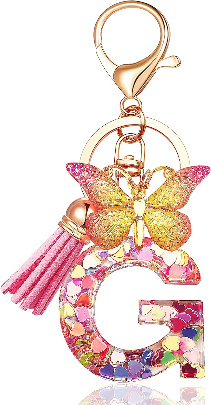 JINGUAZI Initial letter Keychains for Women Tassel Butterfly Pink Purple Cute Car Keychain for Wallet Backpack bag charm
