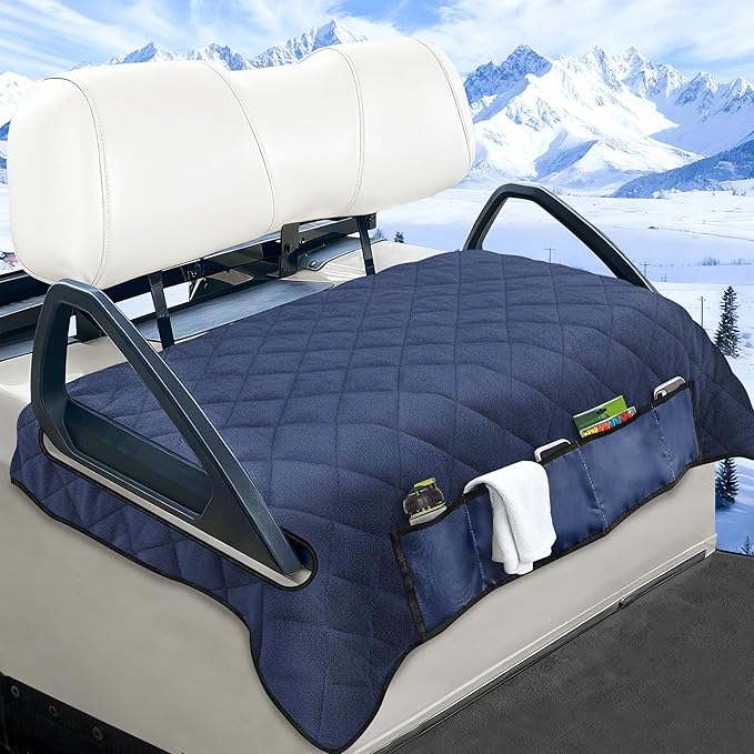 YOKYHOM Golf Cart Seat Covers with 4 Front Pockets, Thick and Non-Slip Golf Cart Seat Towel Blanket, Fits for EZGO, Yamaha, Club Car and More 2 Seats Golf Carts, Navy Blue