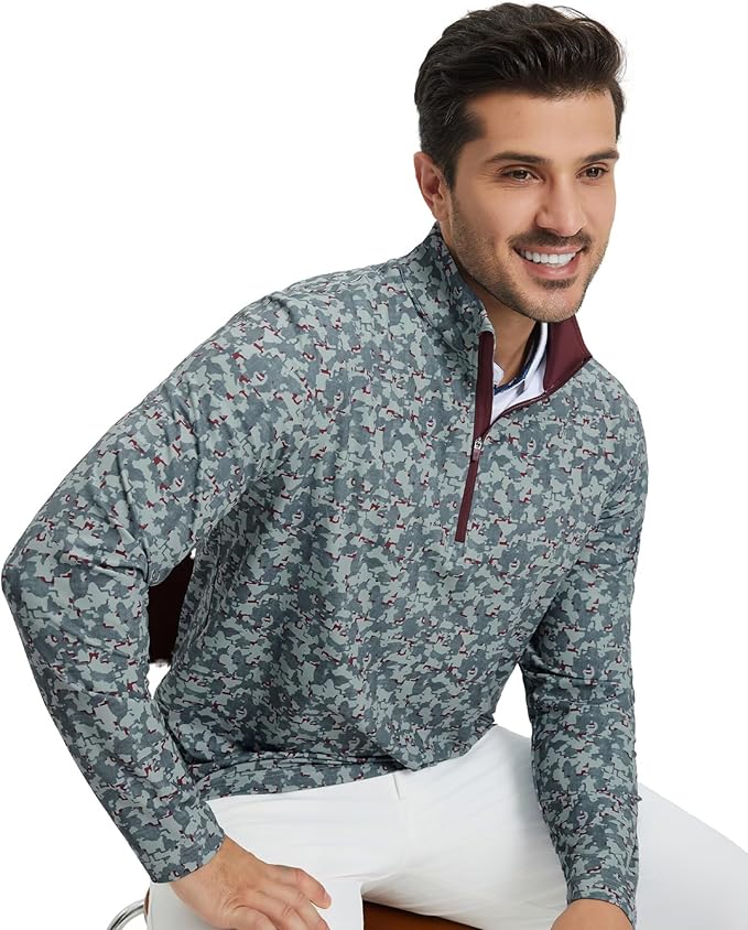 M MAELREG Quarter Zip Golf Pullover Men Dry Fit Long Sleeve Performance Wicking 1/4 Zip Full Print Pullover Mens Sweatshirt