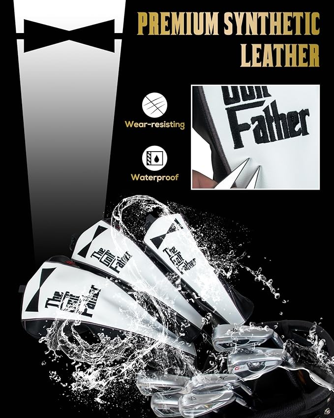 The Golf Father Golf Club Covers, Driver Fairway Hybrid Headcover, Funny Putter Cover Magnetic, Black & White Color Iron Covers,Golf Gifts for Men
