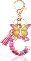 JINGUAZI Initial letter Keychains for Women Tassel Butterfly Pink Purple Cute Car Keychain for Wallet Backpack bag charm