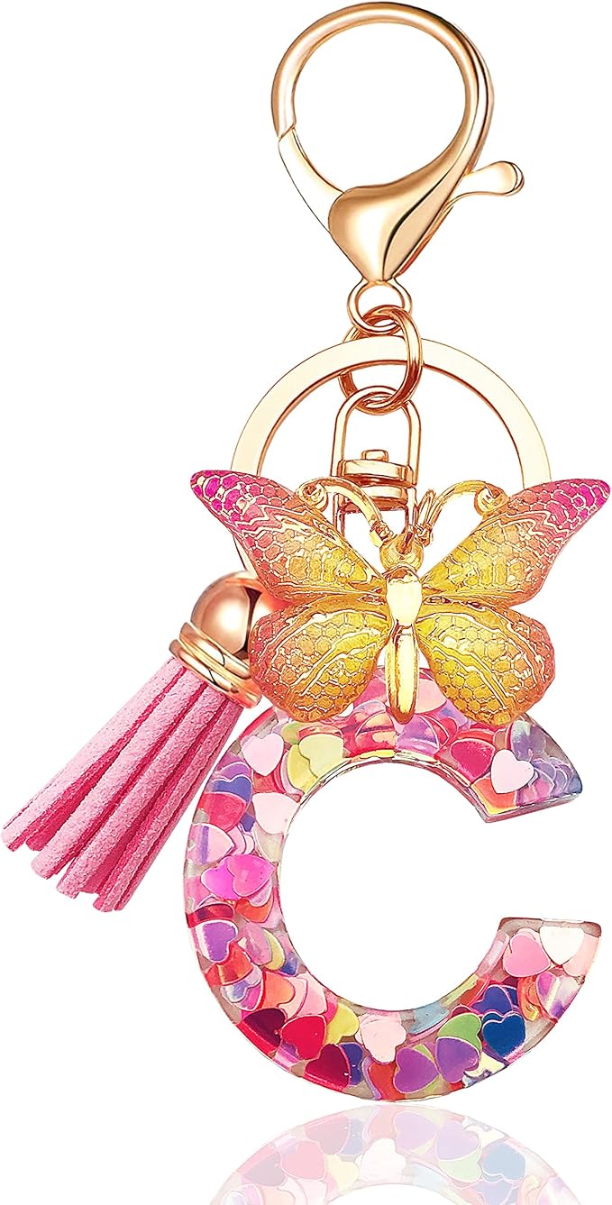 JINGUAZI Initial letter Keychains for Women Tassel Butterfly Pink Purple Cute Car Keychain for Wallet Backpack bag charm