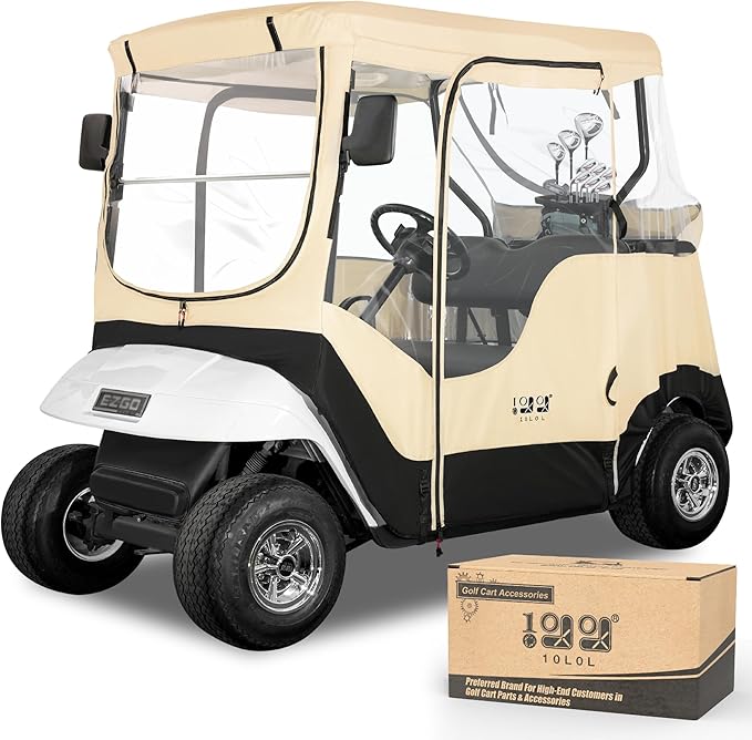 10L0L Golf Cart Enclosure Fit for 2 Passengers EZGO TXT RXV,600D Waterproof Snowproof Golf Buggy Keep Warm Cover, 2 Door Zippers 4-Side Clear Window and 4 Windproof Hooks Golf Cart Rain Cover, Black
