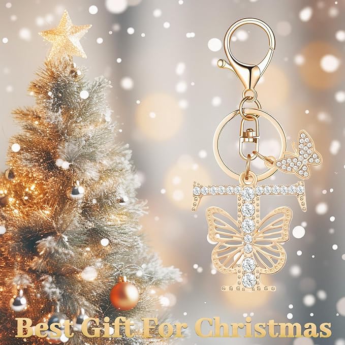 Gold Plated Alphabet Initial Letter Keyring Keychain for Women Girls Crystal Key Chains for Wallet Backpack Bag Charm
