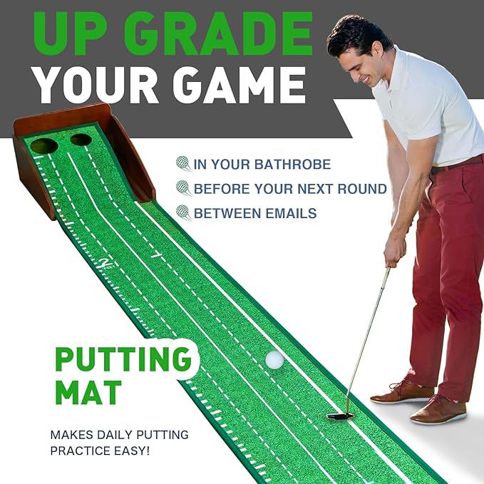 Indoor Golf Putting Green, Putting Mat with Automatic Ball Return - Solid Wood Structure No Humping, Suitable for Home, Office and Outdoor Play - Ideal Golf Gift for Men and Women
