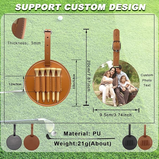 Custom Leather Golf Tee Holder Personalized Photo Logo Pattern Customized Split Name Golf Bag Tag Organizer Tees Cover, Accessories Gift for Golfers Men Women Father Dad Grandpa Uncle, Birthday