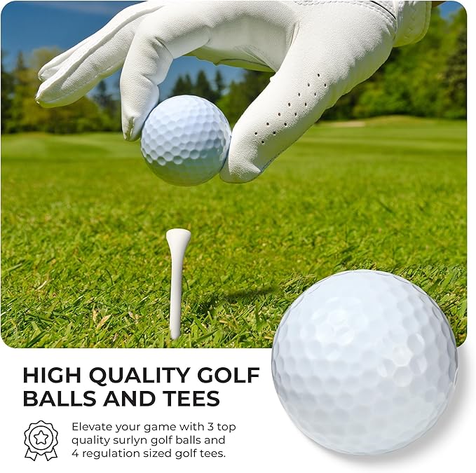Christmas Golf Gift for Men and Women - Luxury Golf Accessories Set, Vegan Leather Case, 12 Golf Balls, Tees, Divot Tool Knife & Bag with Hook - Perfect Stocking Stuffer