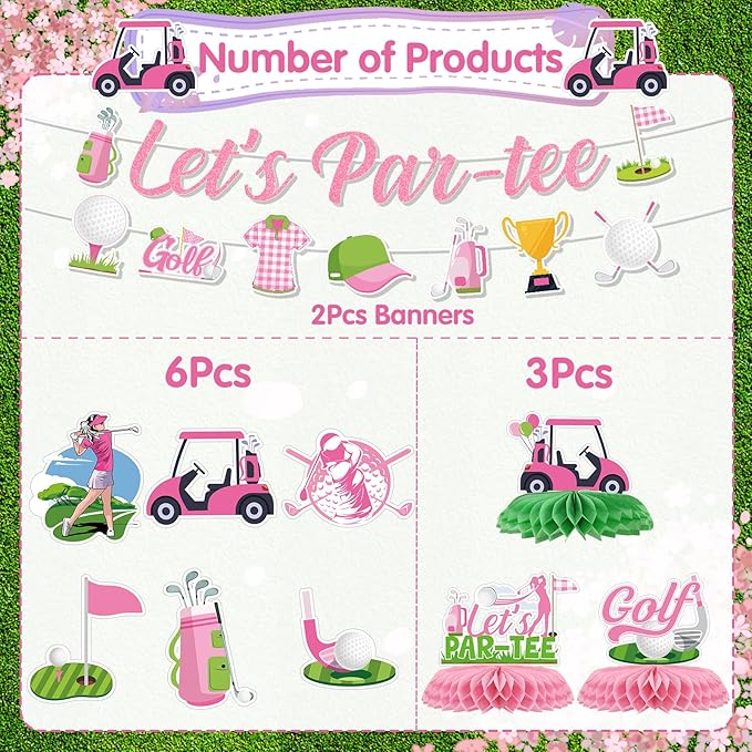 Pink Golf Party Decorations - 11PCS Golf Birthday Decorations Lets Partee Banners Hanging Swirls Honeycomb Centerpieces Sport Themed Party Birthday Decor Supplies for Women Girls