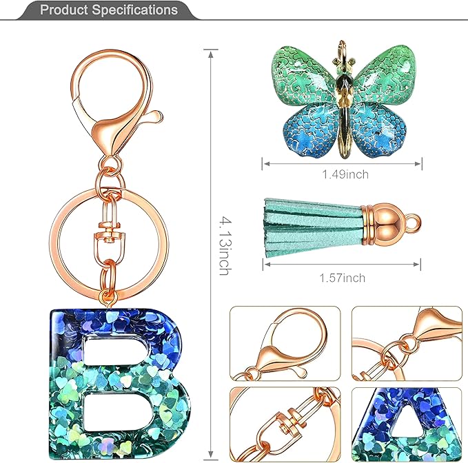 JINGUAZI Initial letter Keychains for Women Tassel Butterfly Pink Purple Cute Car Keychain for Wallet Backpack bag charm