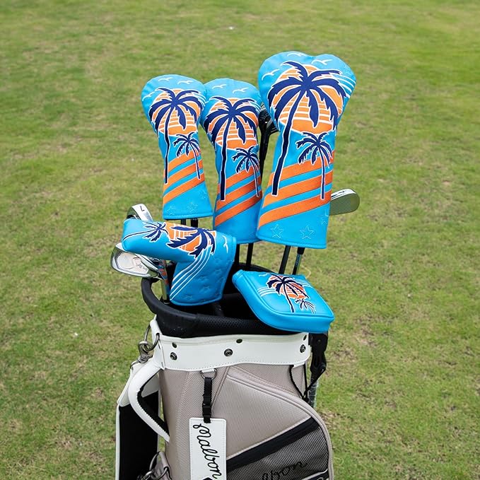 Montela Golf Club Covers Summer Coconut Tree Golf Putter Cover Driver Cover Fariway Wood Headcover Hybrid Covers Mallet Putter Headcover Blade Golf Headcover for Most Brand