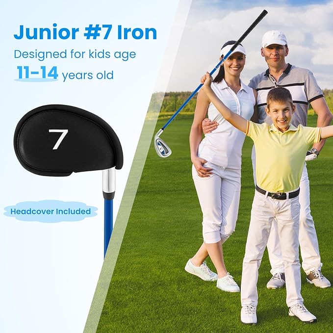 Tangkula Junior #7 Iron for Kids, Individual Gold Club for Boys and Girls with Fiberglass Shaft and Head Cover, Junior Practice Golf Club, Right Hand, 33 Inch, Ages 11-14