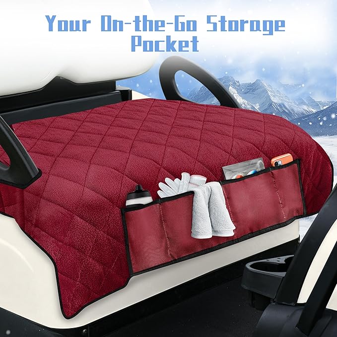 YOKYHOM Golf Cart Seat Covers with 4 Front Pockets, Thick and Non-Slip Golf Cart Seat Towel Blanket, Fits for EZGO, Yamaha, Club Car and More 2 Seats Golf Carts, Red