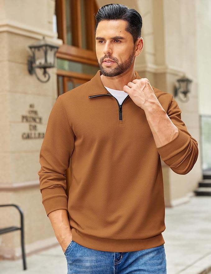 COOFANDY Mens Quarter Zip Pullover Sweatshirts Lightweight Long Sleeve Mock Neck Sweater Polo