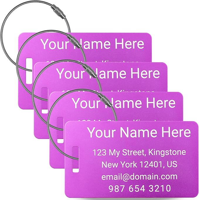 Luggage Tags for suitcases - Customized Handmade Luggage Tag -Laser Engraved Metal Luggage Tags with Stainless Steel Wire Loops Pack of 4 (Light Purple, 2x3.5)