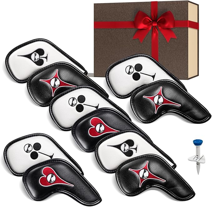 Magnetic Golf Iron Head Covers Set of 10 – Fun Poker Suits Design with Embroidered Clubs, Diamonds, Hearts & Spades | Premium PU Leather, Fits All Irons, Unique Golf Gift for Men & Women