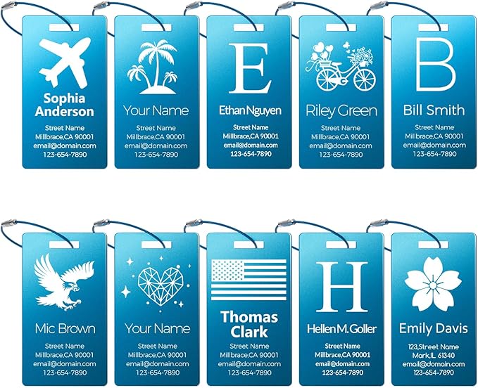 Personalized Metal Luggage Tags, Custom Suitcase Aluminum Name Tags with 5.9in Steel Ring, Laser Engraved Text and Logo, for Travel Gift, Baggage, Golf Bag (Blue)